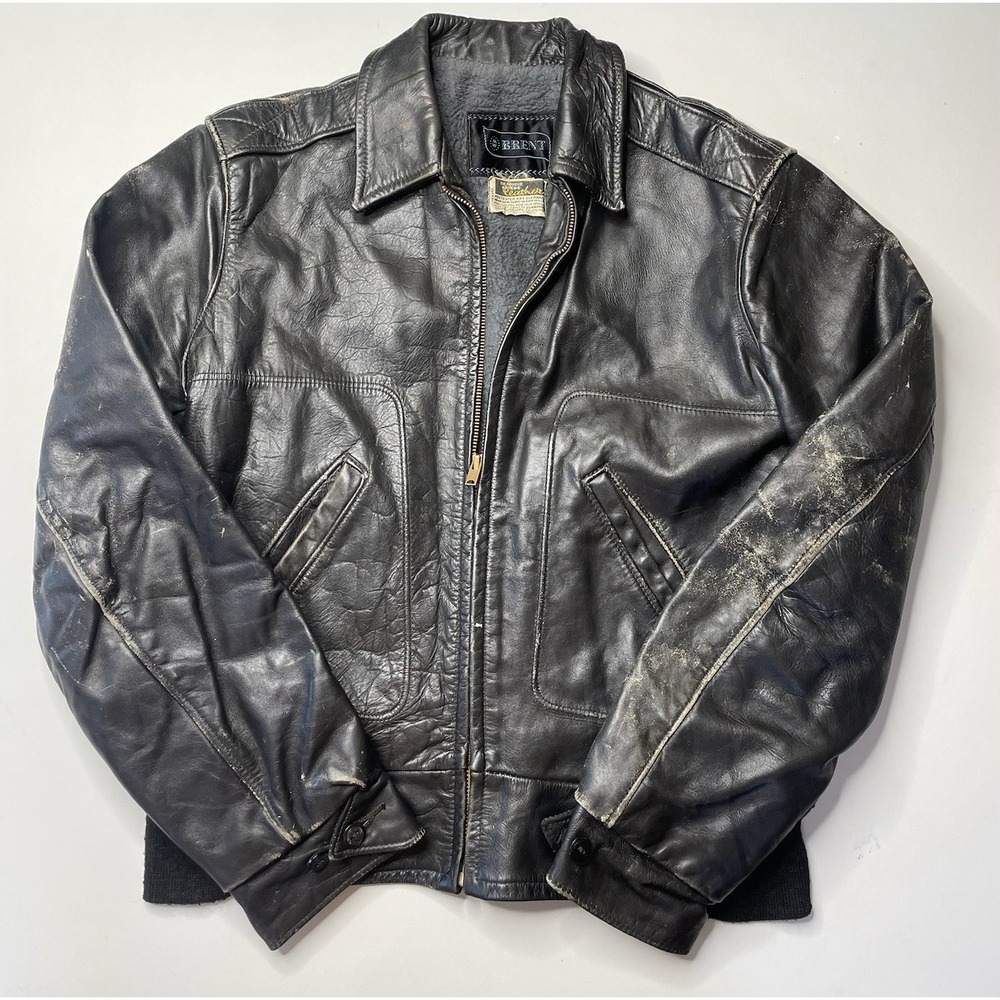 Brent Leather Bomber Jacket Mens Black Distressed Faux Fur Lined Vintage
